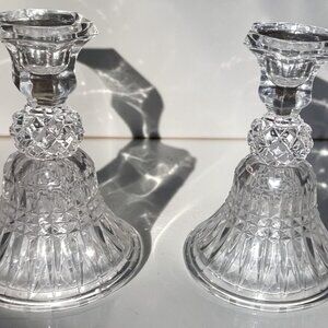 Vintage Indiana Glass Tiara Facets Candlestick Holders Clear Pressed Glass Pair